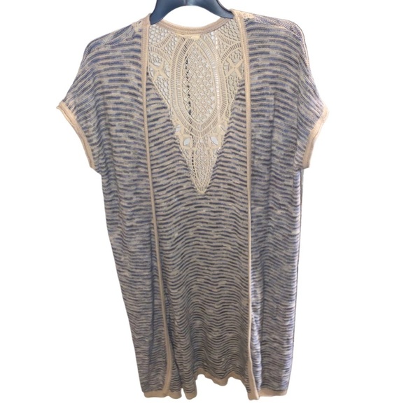 ODDY Sweaters - Oddy Boho Open Front Short Sleeve Longline Crochet Cardigan Sweater Vest Size L